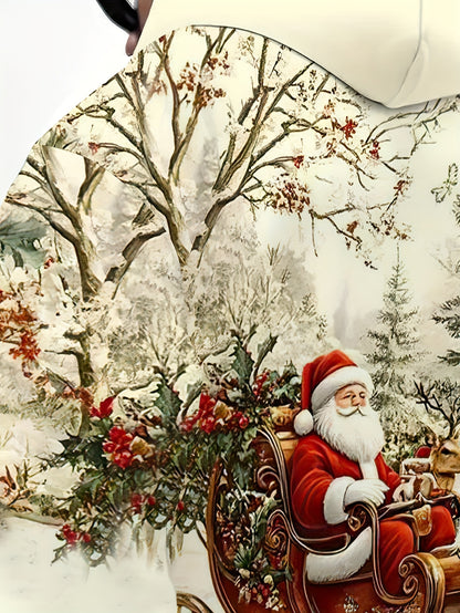 Men'S Plus Size 3D High-Definition Christmas Hooded Sweatshirt - Santa Claus & Reindeer Print, Loose Fit Winter Warmth, All-Season Casual Pullover with Pockets, Christmas Sweatshirt, Festive Clothing, Holiday Apparel, Holiday