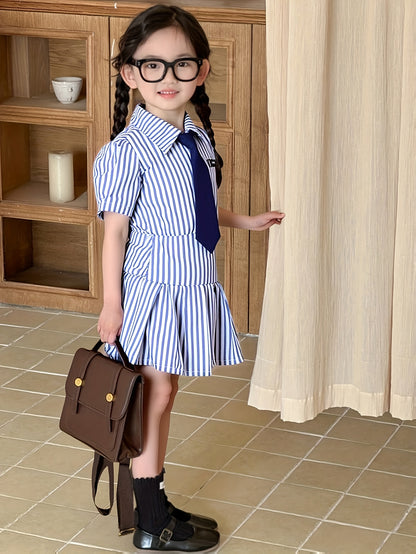 Girls' Summer Two-Piece Preppy Striped Shirt & Pleated Skirt