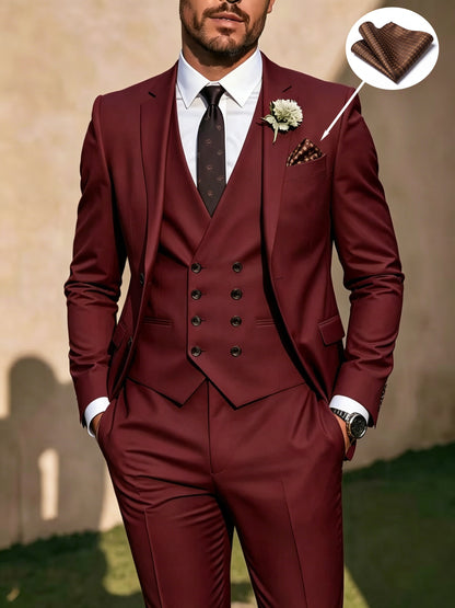 Men's 3-Piece Polyester Suit Set with Vest & Pocket Square
