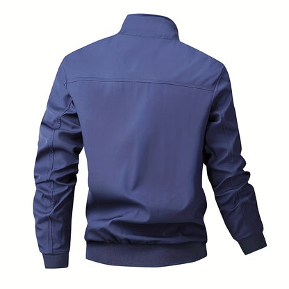 Men's Casual Royal Blue Bomber Jacket - Full Zip, Loose Fit, Polyester, Stand Collar, Long Sleeve, Lightweight & Durable for Spring and Fall, Casual Outerwear | Ribbed Cuff Sleeves | Durable Outerwear