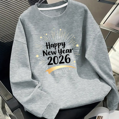 Men's Happy New Year 2026 Print Round Neck Sweater - Casual Long Sleeve Pullover with Chinese/English Lettering, Machine Washable Winter Sweaters for Parties, Daily Wear & New Year Gifts (Happy 2026 Design)