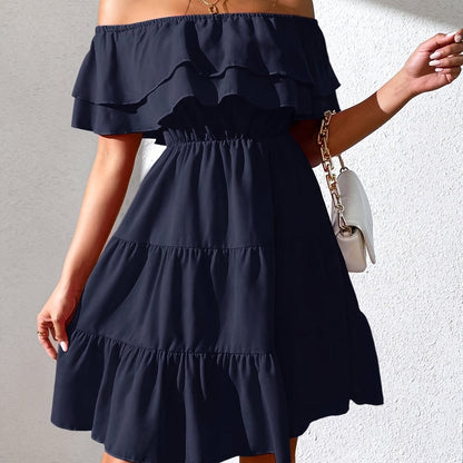Women'S Off the Shoulder Ruffle Hem Casual Dress, Polyester 100%, Solid Color, Fitted, Woven, for All Seasons