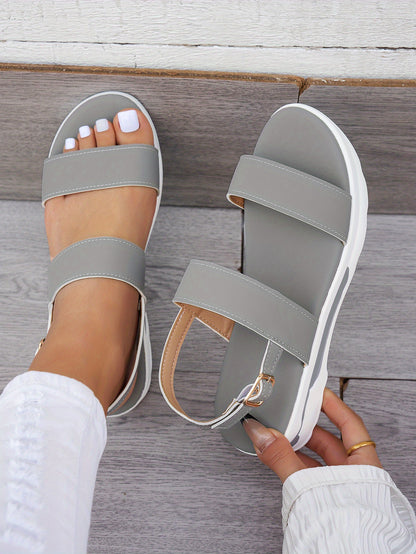 Mhysa Women's Comfortable Open-Toe Platform Sandals with Thick Sole & Golden Buckle Strap - Summer Casual White PU Cover Ankle Strap Sandals for Casual Attire, Ladies Sandals