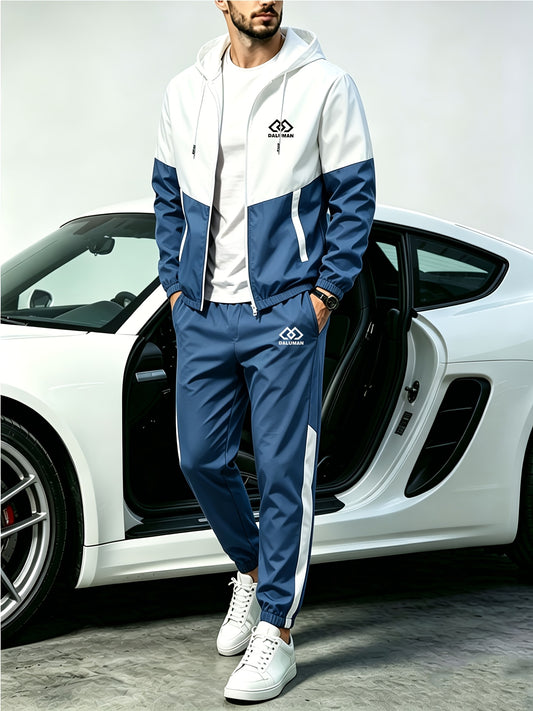 Men's Spring-Fall Patchwork Athletic Hooded Jogger Set