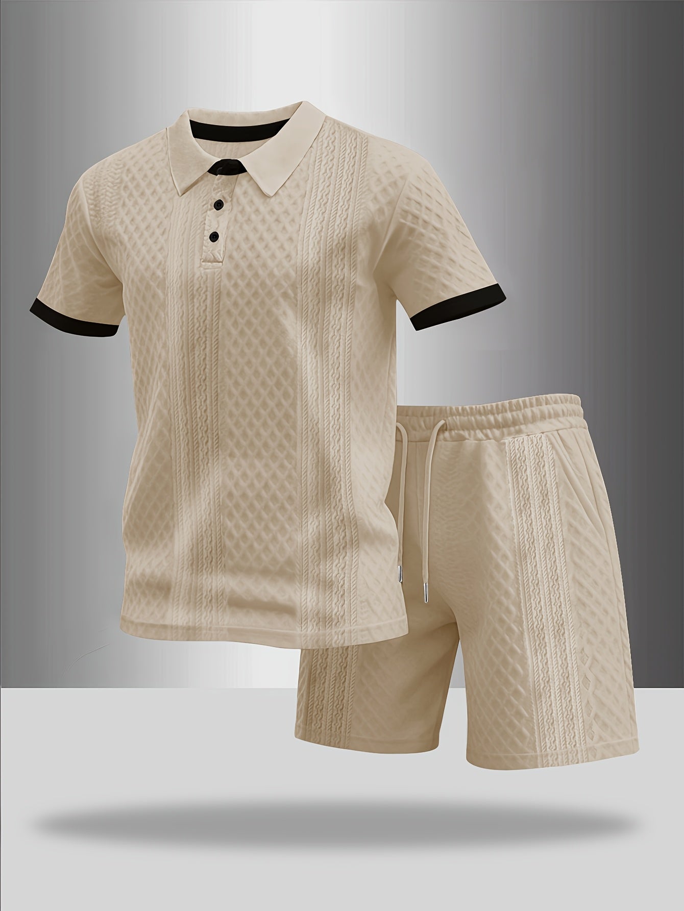 Men's Summer Casual Polo Shirt & Shorts Set with Geometric Print