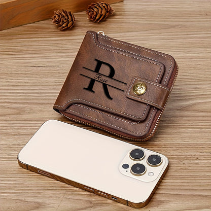 Customized Men's PU Wallet with Premium Vintage Zipper Design, Multi-Layer Coin and Card Holder, Compact Credit Slot & Coin Purse. Ideal Personal Gift for Daily Use as a Fashion Accessory