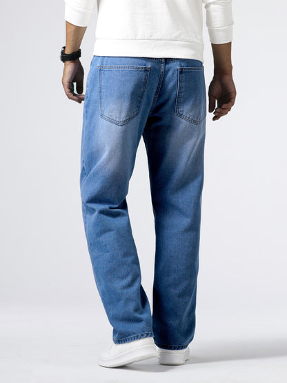 Loose Fit Straight Leg Jeans, Men's Casual Street Style Distressed Denim Pants For All Seasons