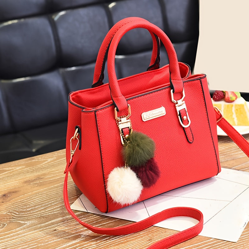 Դասական միագույն կրծկալով պայուսակ, նորաձև, էլեգանտ, համընկնող վերին բռնակով պայուսակ պոմպոնների դեկորով