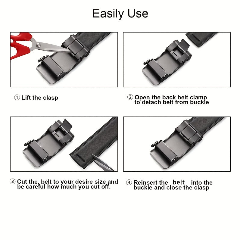 1pc Men'S Adjustable Automatic Buckle Belt - Sleek Black Faux Leather, Alloy Buckle, Stylish for Business & Casual Attire