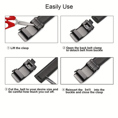 1pc Men'S Adjustable Automatic Buckle Belt - Sleek Black Faux Leather, Alloy Buckle, Stylish for Business & Casual Attire