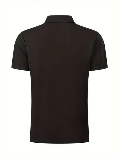 Men's Summer Classic Collar Half-Zip Casual T-Shirt - Solid Black, Breathable Regular Fit Short Sleeve Top for Casual Attire & Semi-Formal Occasions, Semiformal Attire | Halfzip Shirt | Smooth Fabric Finish