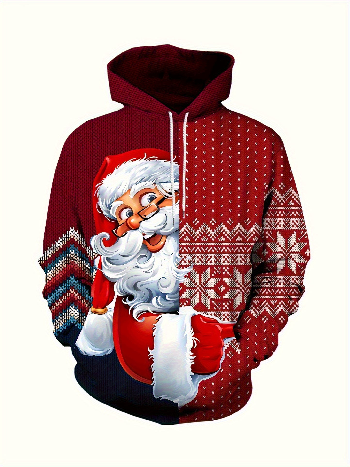 Plus Size Men's Funny Christmas Hoodie- Festive Santa Claus& Snowflake Print, Red& White Holiday Sweatshirt with Pockets, Casual Long Sleeve Pullover for Fall& Winter, Perfect Christmas Gift, Christmas Clothes, PLUS SIZE