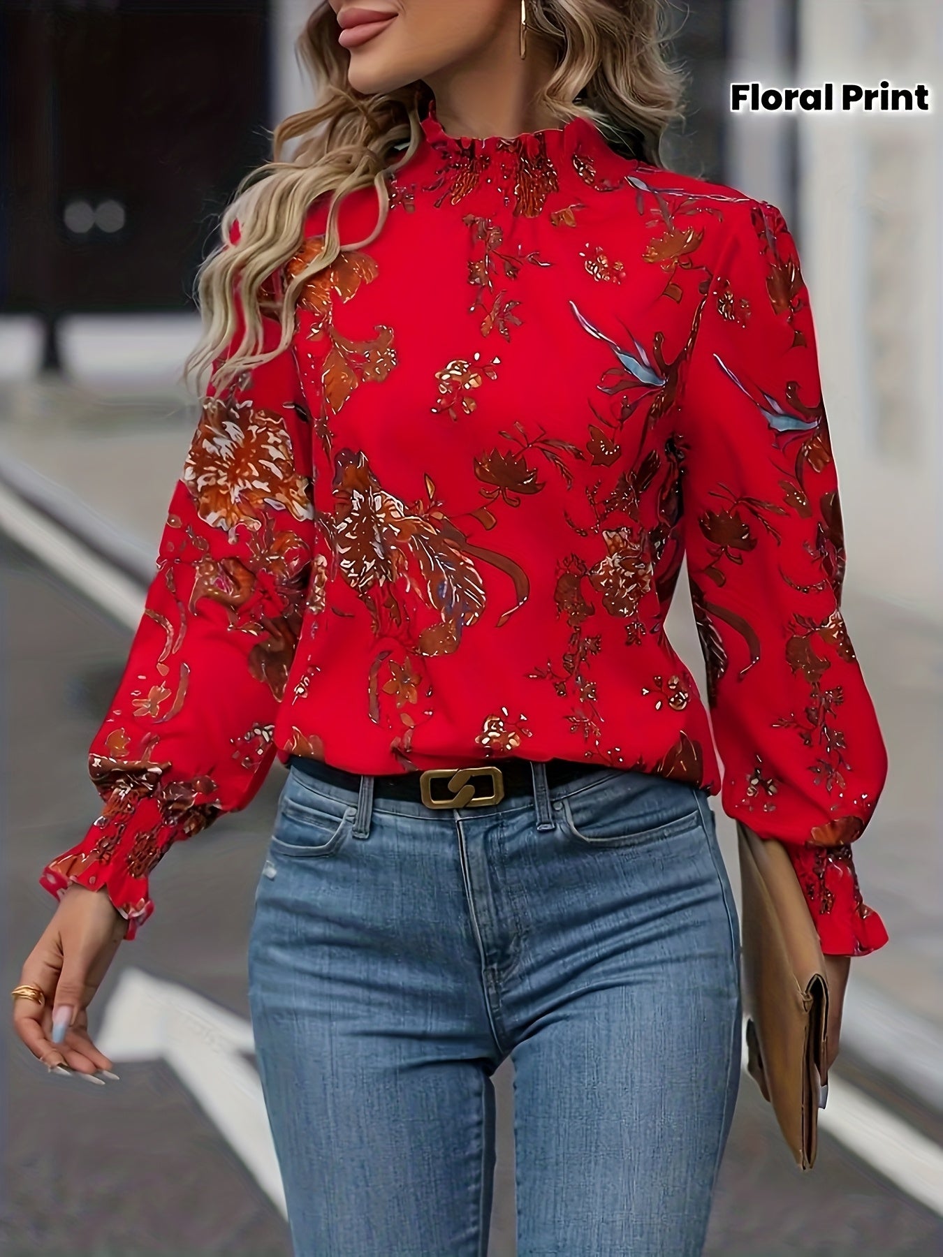 Women's Elegant Chinese-Inspired Peony & Bird Floral Print Blouse - Red High Neck Long Sleeve Shirt with Ruffled Collar &, Wrinkle-Resistant Machine Washable All-Season Top for, Wedding Guest, Casual Outfits (Non-