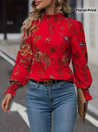 Women's Elegant Chinese-Inspired Peony & Bird Floral Print Blouse - Red High Neck Long Sleeve Shirt with Ruffled Collar &, Wrinkle-Resistant Machine Washable All-Season Top for, Wedding Guest, Casual Outfits (Non-