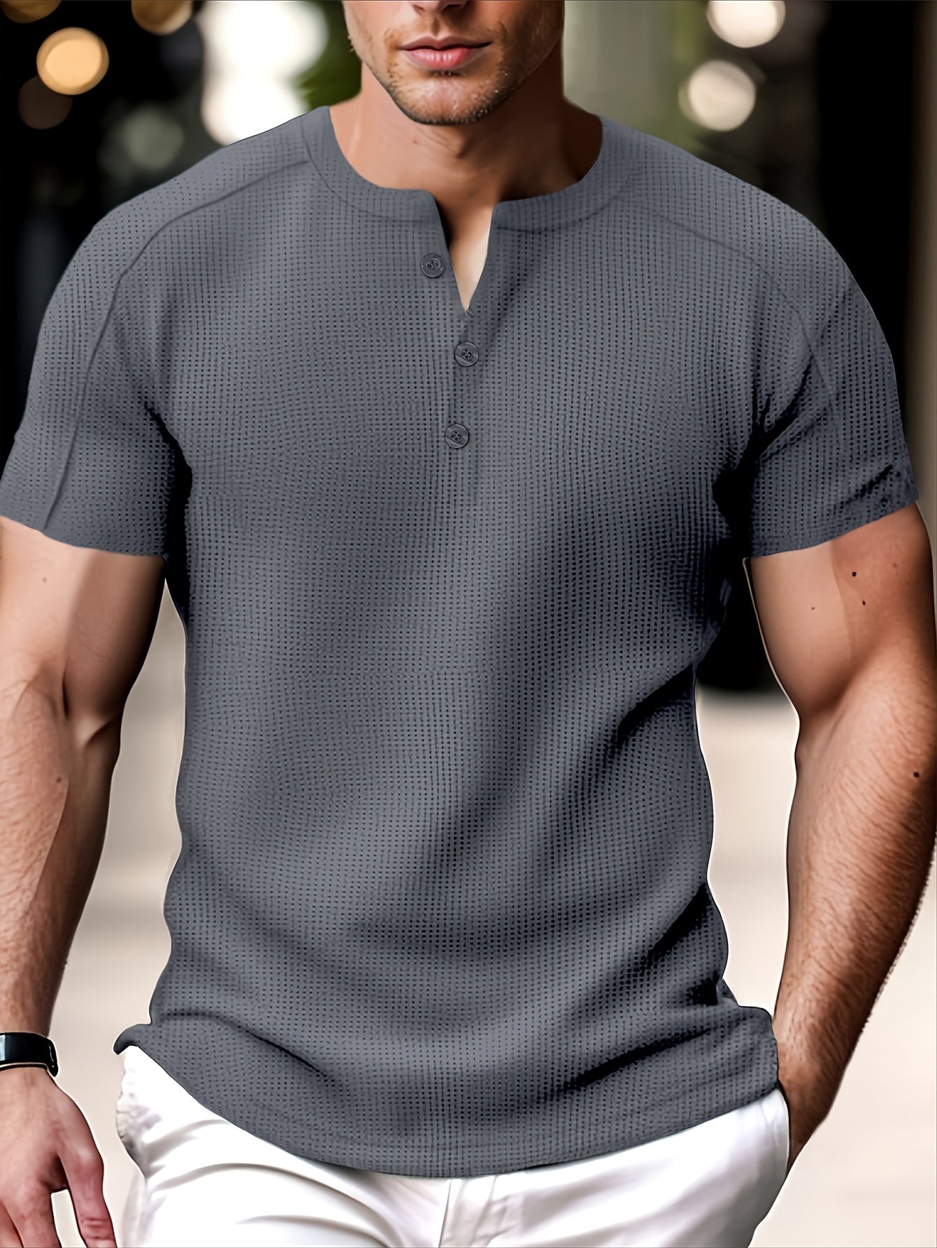Men'S Long-Sleeve Henry Shirt in Knitted Waffle Style, Featuring Stylish Buttons And a Solid Color, Perfect for High-Quality Casual Outdoor Wear in Spring And Summer.