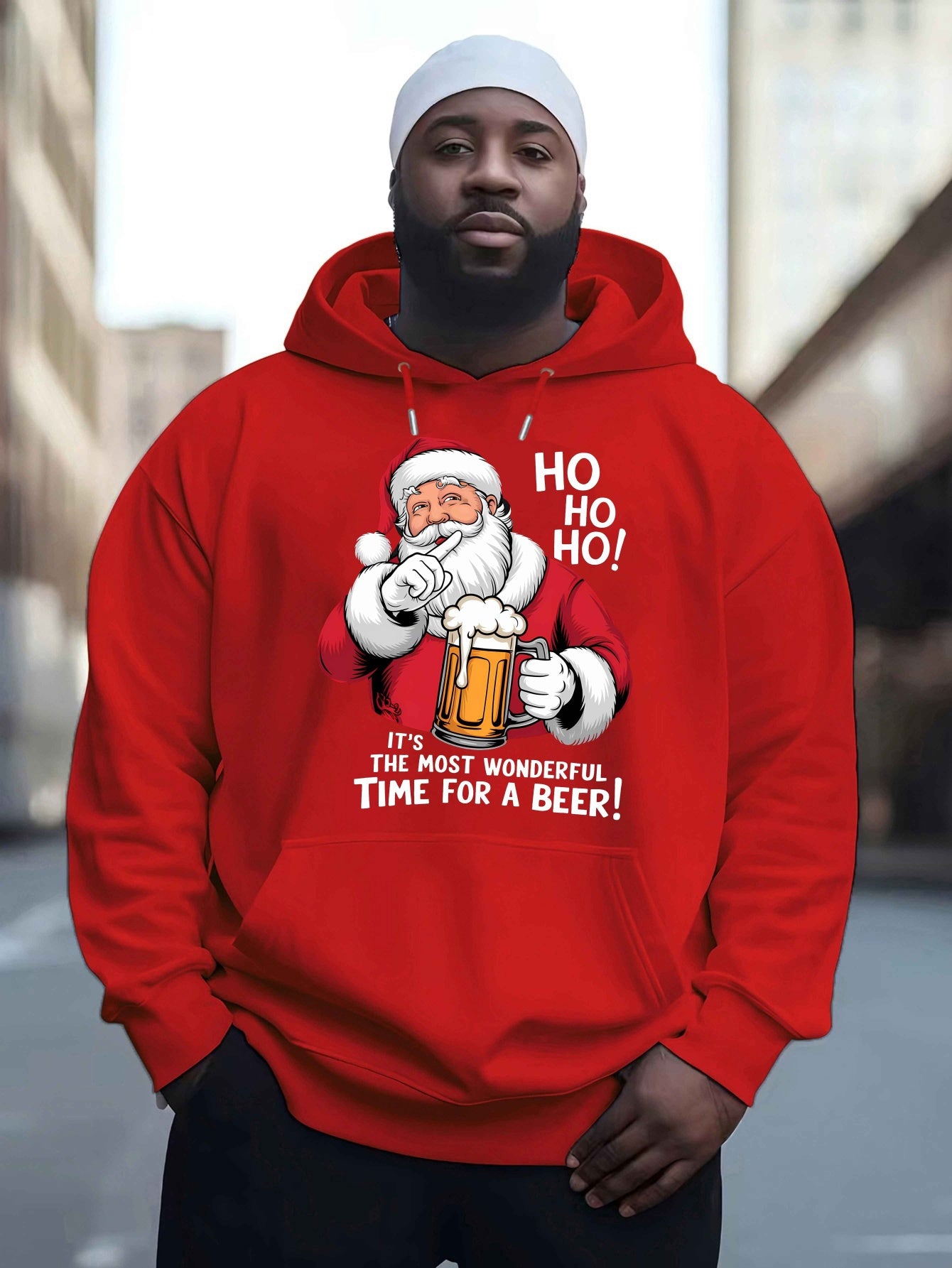 Men'S Red Hoodie with Santa Claus & Beer Mug Graphic - "Ho Ho Ho! It'S the Most Wonderful Time for a Beer!" - Cozy Plush Pullover for Fall & Winter, Casual Holiday Wear, Christmas Clothes, Plus Size