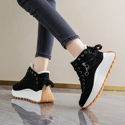 Women'S Winter Boots with Plush Lining - Thickened Warm Snow Boots, Lace-Up Closure, Non-Slip PVC Sole - Elegant Cold Weather Shoes for Everyday & Formal Outfits - Easy-Clean Fabric Upper - Available in Blue, Black, Brown, Re