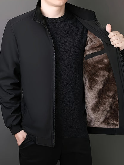 Men's Fleece-Lined Zip-Up Jacket - Casual Stand Collar, Outdoor Sports Coat with Pockets, Machine Washable