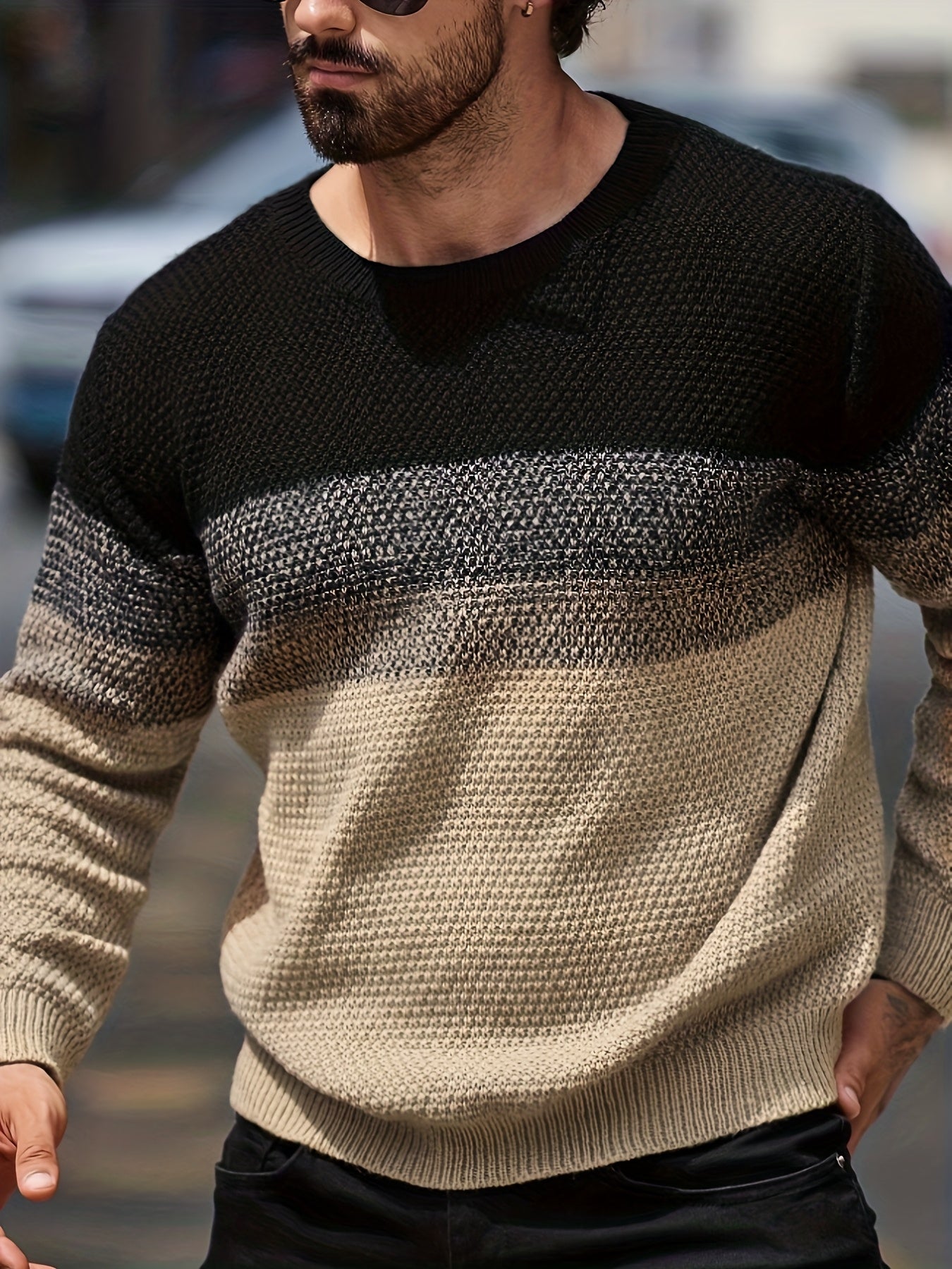 Տղամարդու ձմեռային գրադիենտային գունային բլոկներով տրիկոտաժե սվիտեր - ազատ չափի ոճի օմբրե խառնուրդ (տաք կլոր վզով սվիտեր)՝ ցուրտ եղանակի, առօրյա և էլեգանտ առօրյա հագուստների համար - անթափանցիկ ազատ չափի վերնաշապիկ