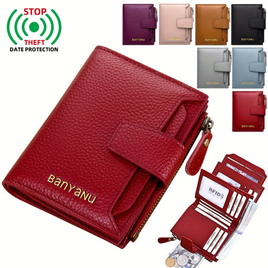 BANYANU Women'S Genuine Faux Leather Wallet - Red Lychee Grain Texture, Multi-Card Slots, Zippered Coin Pocket, Detachable ID Window, Compact Design for Everyday Use, Secure Coin Storage | Stylish Wallet | Synthetic