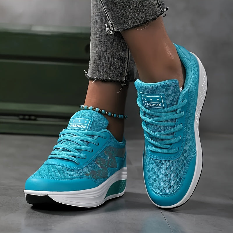 Women's Light Blue Breathable Mesh Sneakers - Air-Cushioned, Thick-Soled Sneakers with Sport Control  Lace-Up Design for All Seasons