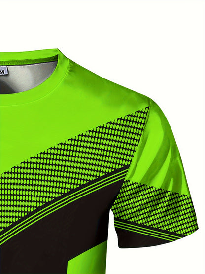 Men'S Geometric-Pattern Sports T-Shirt, Polyester Blend, Crew Neck, High Stretch, Short Sleeve, Quick-Dry, Tear-Resistant, Knit Fabric, Skinny Fit, with 3D Heat Sublimation for Running, Yoga, Training, Hiking, Casual & Athlet