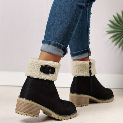 Chunky And Clssic Women'S Ankle Boots, Comfortable And Elegent Woemen Shoes. Warmth Khaki、Black And Beige Winter Women' Boots. Solid-Colored. Fleece-Lined Boots, Heighten And Non-Slip Lighhtweight Shoes with Cute Round Toe.