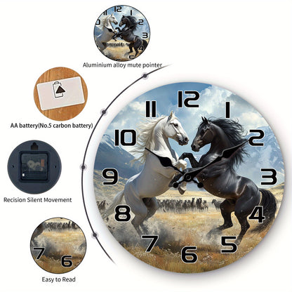 A Wooden Wall Clock with a Fantasy Theme Featuring a Design of Two Horses Facing Each Other, a Silent Clock Suitable for Decorating Living Rooms, Bedrooms, Kitchens, And Offices, Making It an Exciting Gift for Birthdays And H