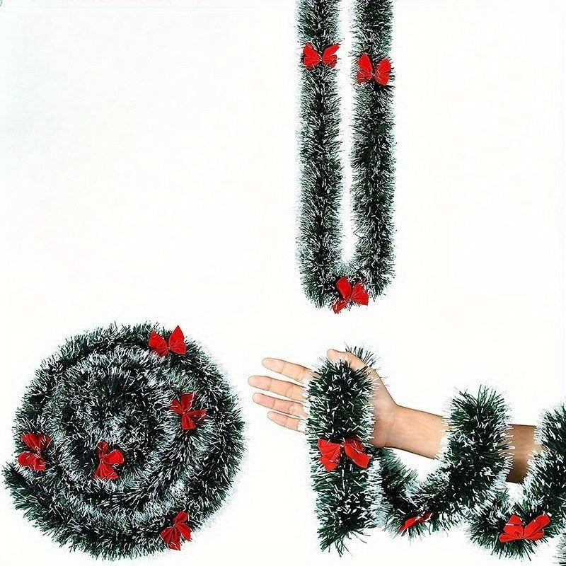 Extra Long 78.74in/200cm Garland - Heavy-Duty PET (Polyethylene Terephthalate) Christmas Garland with Elegant Deep Green, Red Bows & Black Beads - Indoor/Outdoor Hanging Decoration for Stairs, Banisters, Doors, Walls - Weddin