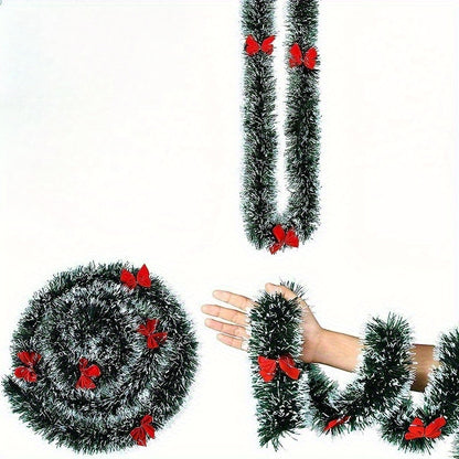 Extra Long 78.74in/200cm Garland - Heavy-Duty PET (Polyethylene Terephthalate) Christmas Garland with Elegant Deep Green, Red Bows & Black Beads - Indoor/Outdoor Hanging Decoration for Stairs, Banisters, Doors, Walls - Weddin