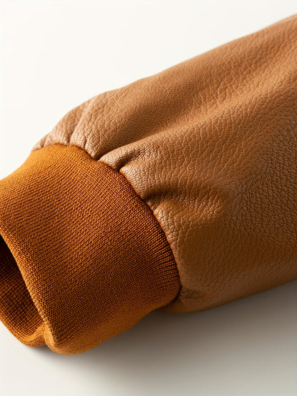 Men'S Faux Leather Bomber Jacket with Fleece Lining - Casual Motorcycle Style, Zip-Up, Long Sleeve, Drop Shoulder, Polyester Lining, Regular Fit, Outdoor & Hiking Wear, Outdoor Jacket | Bomber Jacket | Polyester Lined Jacket