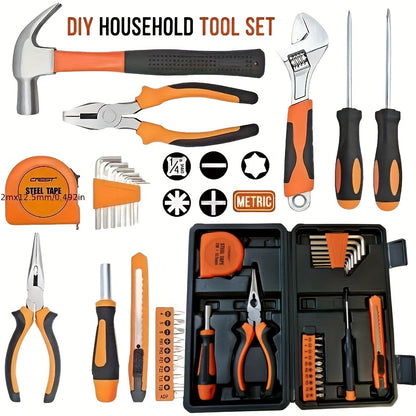 Multi functional heavy-duty manual tool kit with toolbox -20+sets of tools (pliers, hex wrench, screwdriver, tape measure), suitable for home repair, car maintenance, and DIY projects - suitable for mechanics (no power requir