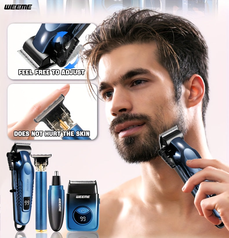 WEEME 4pcs Men's Electric Hair Clipper Set, Beard Trimmer Set, Household Facial Cleansing Set. Hair Cutting, Shaving, Trimming of Nasal Hair, Trimming of Sideburns, Facial Hair Cleaning. USB Charging. for Household Use, Vehic
