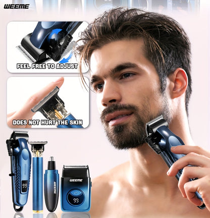 WEEME 4pcs Men's Electric Hair Clipper Set, Beard Trimmer Set, Household Facial Cleansing Set. Hair Cutting, Shaving, Trimming of Nasal Hair, Trimming of Sideburns, Facial Hair Cleaning. USB Charging. for Household Use, Vehic
