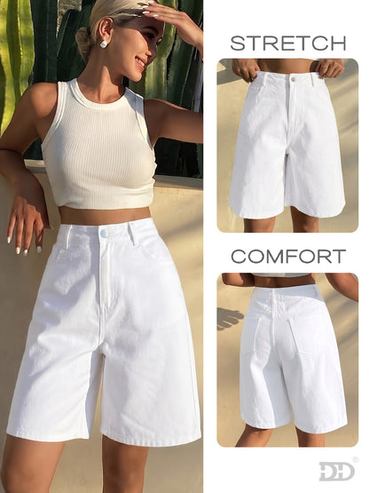 Women's Slim-Fit High-Waisted White Denim Shorts for Summer