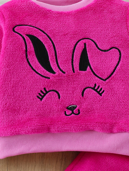 Adorable Cartoon Rabbit Embroidered Two-Piece Set for Youngsters - Soft Coral Fleece Outfit with Matching Pants, Perfect for Fall/Winter Casual Wear, Youngsters'S Playwear|Playful Design|Stretchy Fabric, Youngsters Girl Cloth