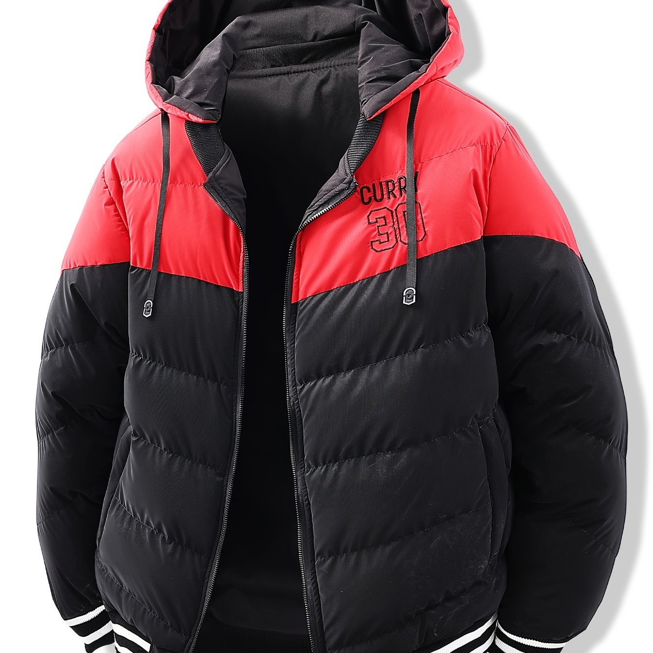 Men's Modern Streetwear Hooded Jacket with Embroidered Lettering, Color-Block Design, Removable Hood & Polyester Fill - Machine Washable Long Sleeve Coat with Pockets for Fall Winter Casual Wear