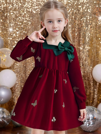Dreamy Party Dress for Girls - Sweet 3-D Bow with Playful Embroidered Accents, Long Sleeve Spring/Fall Holiday Gathering Outfit