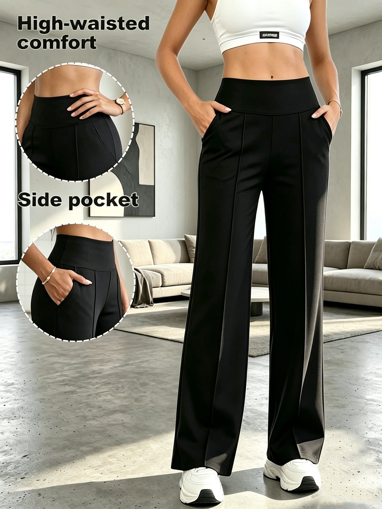 Women's High-Waist Tummy Control Wide-Leg Pants with Pockets