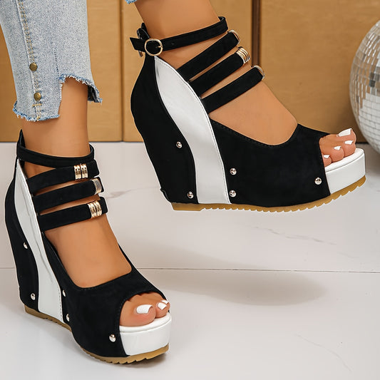 Women's Platform Wedge Sandals - Chunky Platform Heel, Open-Toe Closure, Cushioned Insole - Black  White Color Block High Heels for Parties, Formal Events, Everyday Outfits - Summer Shoes, High Heel Sandals, Stylish Footwear