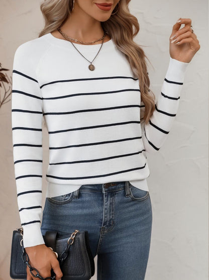 Women's Casual Striped Round Neck Pullover Sweater