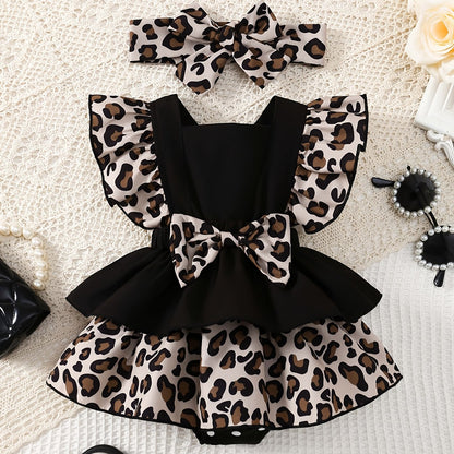 2pcs Set for Newborn Girls, Cute Leopard Print Ruffle Dress with Elastic Waist and Bowknot, Matching Headband, 100% Polyester Woven, Regular Fit, for Outdoor