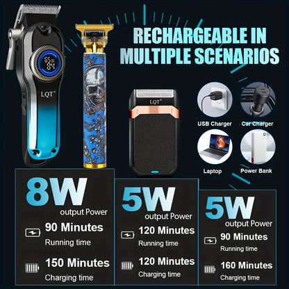 LQT 1/2/3 հատ պրոֆեսիոնալ սրահի մազերի կտրիչի հավաքածու, որը ներառում է մազերի կտրիչ, T-աձև կտրիչներ, մորուքի կտրիչներ և էլեկտրական սափրիչներ, ութ սահմանափակող սանրերով, կոմպակտ դիզայն, զրոյական բացվածքով ճշգրիտ կտրվածք, բարբի կարիքները բավարարելու համար