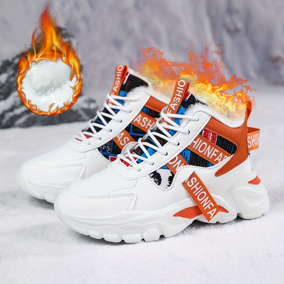 Women's Geometric Waterproof Snow Sneakers, Shock-Resistant Microfiber Upper, Flannel Lined, EVA Sole, Autumn & Winter High-Top Plush Fashion Shoes from Quanzhou