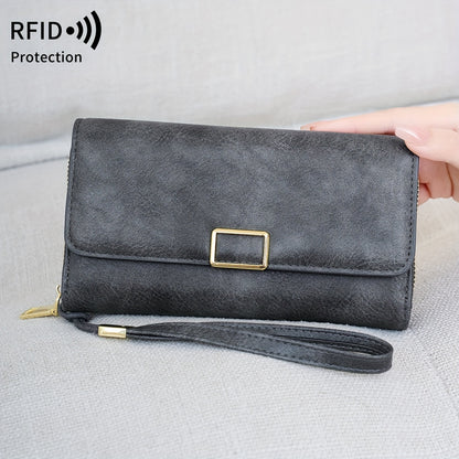 MIYIN Women's Vintage RFID Blocking Large Capacity Wallet with Wrist Strap - Tri-Fold  Handbag, Zipper Pocket & ID Slot, Multi-Card Holder (Credit/Debit) - Solid for Professional & Everyday Use