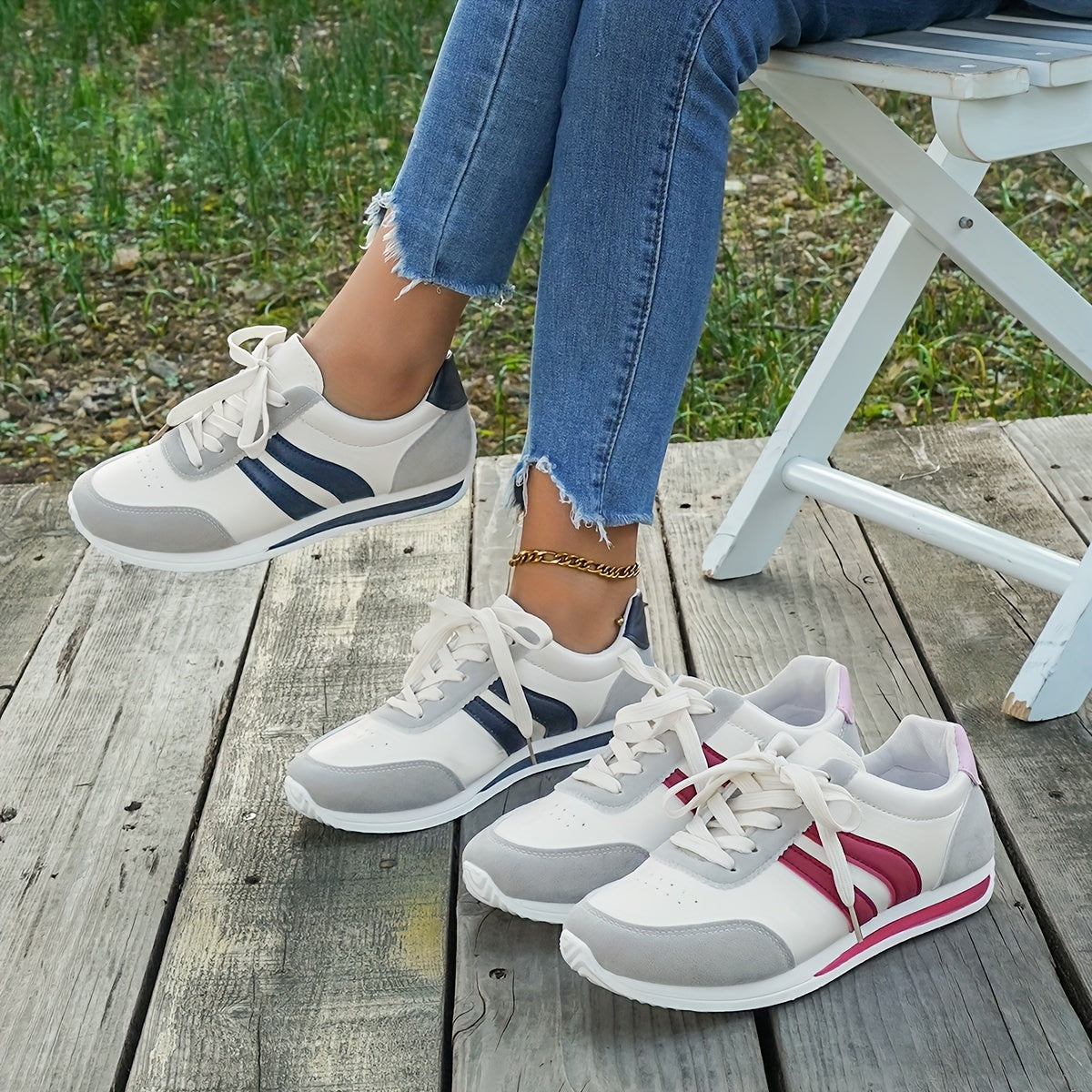 Women's Casual White Sneakers with Blue Accents - Breathable & Comfortable Lace-Up Running Shoes, Low-Top Fitness & Travel Footwear, Soft Rubber Sole, All-Season Wear