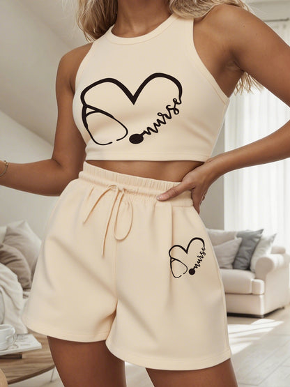 Women's Casual Vest and Shorts Set with Drawstring Detail