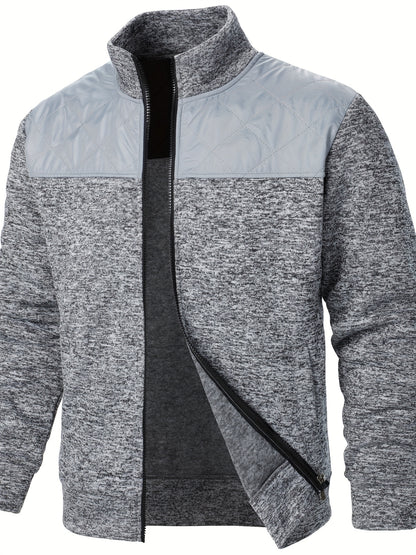 Men's Blocking Quilted Jacket For Spring And Autumn, Casual Stylish Outdoor Stand Collar Coat As Gift