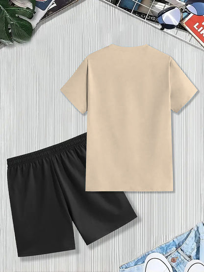 Men'S Summer Casual Sport Two-Piece Set - LADA Letter Pattern Print T-Shirt and Black Drawstring Shorts, Casual Sportswear, Regular Fit - Perfect for Summer Outdoor