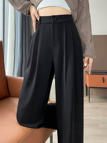 Women'S Elegant Solid Color Straight Leg Pants, Breathable, Comfortable, Fashion Commuter, Polyester, Elastic Waist, Loose Contour, 250g/㎡, for Adult, Spring/Summer/Fall